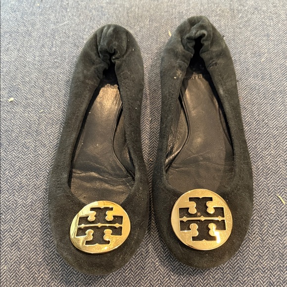 Tory Burch Shoes - Tory Burch Black Suede Logo Round-Toe Ballet Flats with Gold Emblems